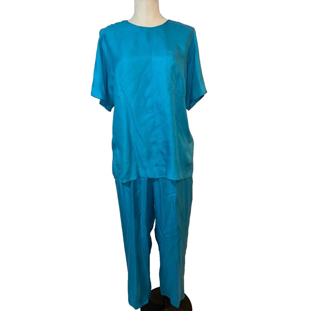 Valerie Stevens Pure Silk Women's Vintage 2Pc Set Short Sleeve Top+Pants size L